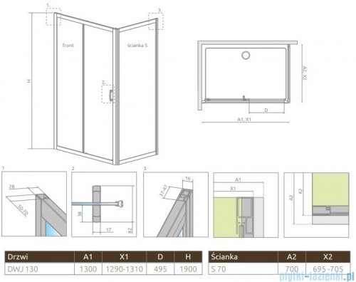 Radaway Premium Plus DWJ+S kabina prysznicowa 130x70cm szkło przejrzyste 33333-01-01N/33401-01-01N