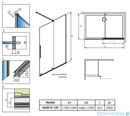 Radaway Furo Gold Walk-in kabina 120x200cm prawa szkło przejrzyste 10106638-09-01R/10110594-01-01