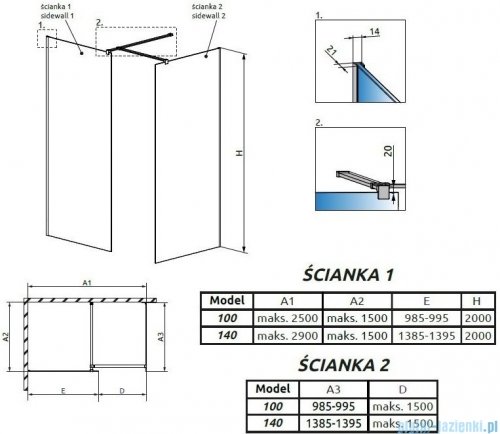 Radaway Modo New Black III kabina Walk-in 140x100x200 szkło przejrzyste 389144-54-01/389104-54-01/389000-54