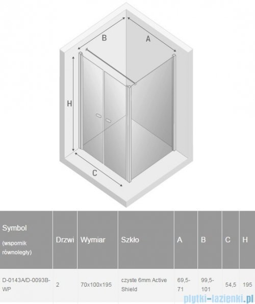 New Trendy New Soleo 70x100x195 cm kabina wspornik równoległy przejrzyste D-0143A/D-0093B-WP