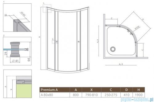 Radaway Premium A Kabina półokrągła 80x80x190 szkło przejrzyste 30413-01-01