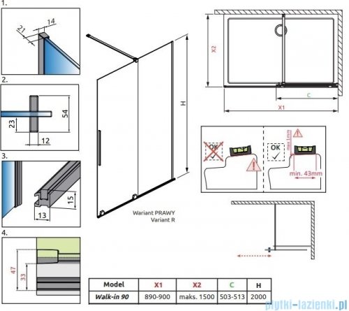 Radaway Furo kabina Walk-in 90x200cm prawa szkło przejrzyste 10106488-01-01R/10110444-01-01