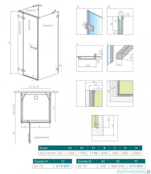 Radaway Euphoria KDJ+S Kabina przyścienna 70x120x70 lewa szkło przejrzyste 383812-01L/383220-01L/383055-01/383033-01