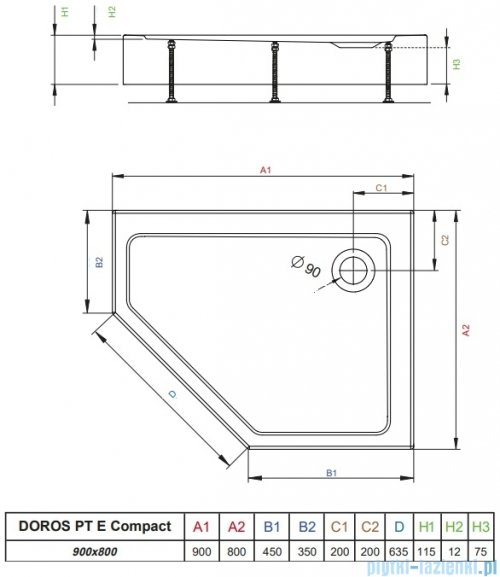 Radaway Doros Pt E Compact Stone brodzik pięciokątny 90x80x11,5cm prawy antracyt SDRPTP9080-05-64SR