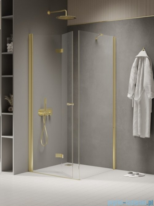 New Trendy New Soleo Light Gold 90x100x195 cm kabina lewa drzwi składane pojedyncze wspornik skośny złoty jasny połysk/szkło przejrzyste  K-1910
