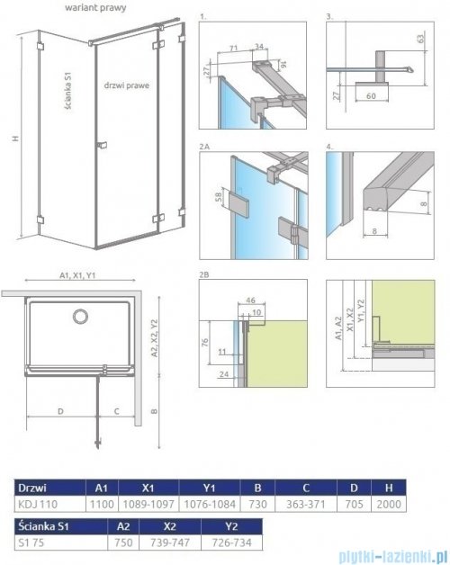 Radaway Essenza Pro White Kdj kabina 110x75cm prawa szkło przejrzyste 10097110-04-01R/10098075-01-01