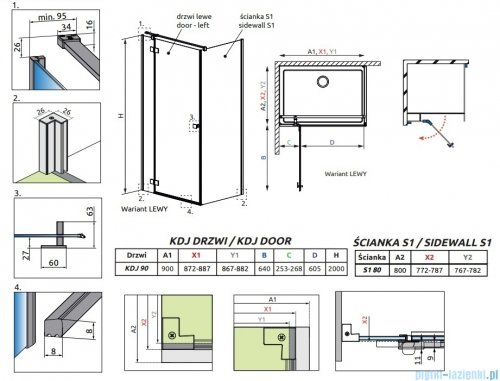 Radaway Essenza Kdj Brushed GunMetal kabina 90x80cm lewa szczotkowany grafit 1385044-92-01L/1384051-01-01