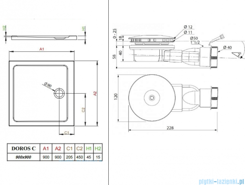 Radaway Fuenta New KDJ-B kabina prysznicowa 90x90 prawa przejrzyste + brodzik Doros C + syfon 384082-01-01R/384050-01-01/SDRC9090-01