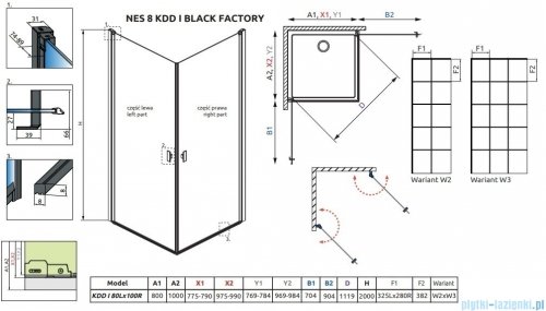 Radaway Nes 8 Black Kdd I Factory kabina 80x100cm czarny mat/szkło przejrzyste 10071080-54-55L/10071100-54-55R