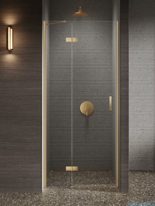 New Trendy Nesta Gold Brushed 100x200 cm drzwi wnękowe lewe wspornik skośny złoto szczotkowane/szkło przejrzyste D-0870A