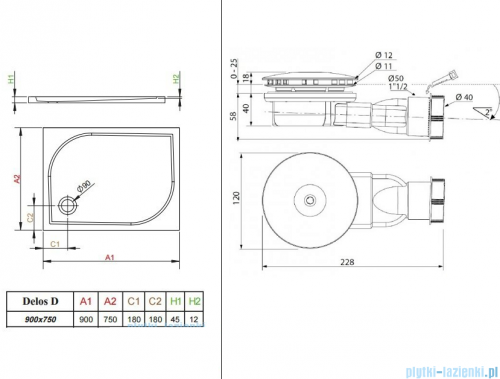 Radaway Fuenta New KDJ-B kabina prysznicowa 90x75 prawa przejrzyste + brodzik Delos D + syfon 384082-01-01R/384049-01-01/4D97545-03