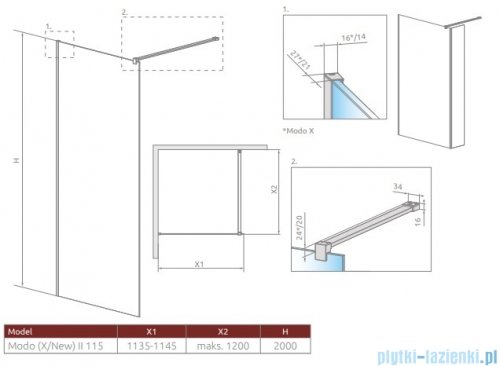 Radaway Modo X Black II kabina Walk-in 115x200 szkło przejrzyste 10mm 389315-54-01 