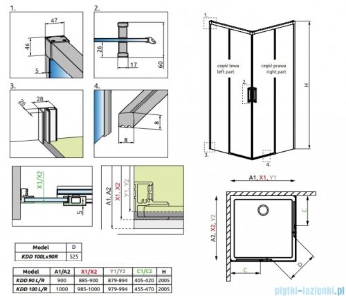 Radaway Idea 8 Kdd kabina 100x90cm szkło przejrzyste 10370100-01-01L/10370090-01-01R
