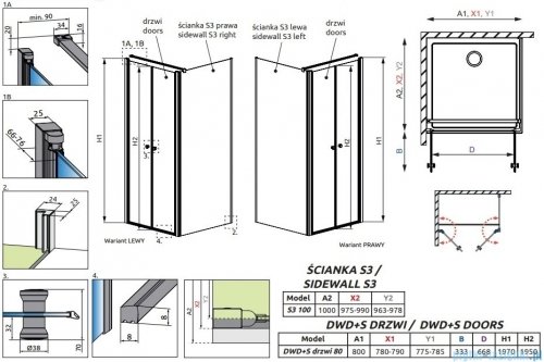 Radaway Eos DWD+S kabina prysznicowa 80x100 przejrzyste 13799490-01/13799452-01