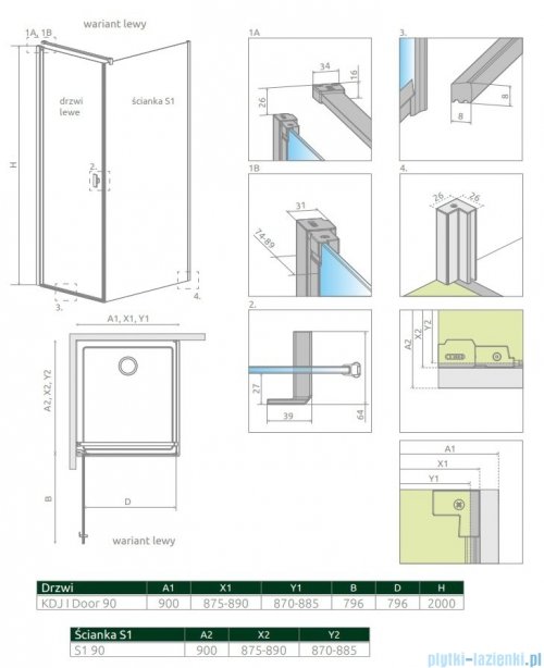 Radaway Nes Kdj I kabina 90x90cm lewa szkło przejrzyste rysunek techniczny
