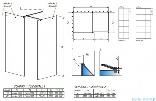 Radaway Modo New Black III kabina Walk-in 115x80x200 Frame rysunek techniczny