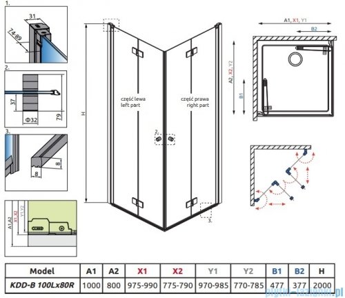 Radaway Nes Kdd B Brushed GunMetal kabina 100x80cm szczotkowany grafit 10024100-92-01L/10024080-92-01R