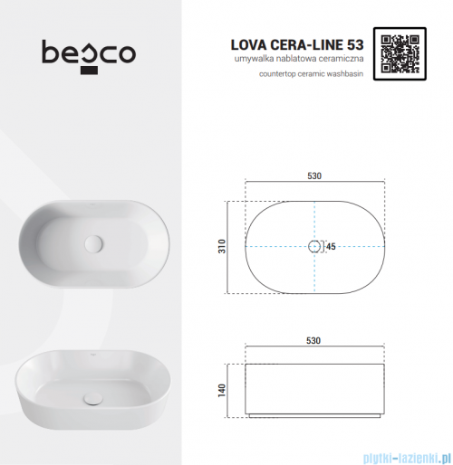 Besco Lova Cera-Line 53 Mokka Matt umywalka nablatowa 53x31,5x13,5cm UNCM-53-LOM
