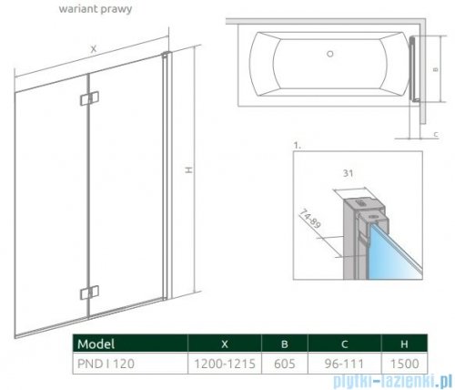 Radaway Nes Pnd I Brushed Gold parawan nawannowy 120cm prawy szczotkowane złoto 10010120-99-01R