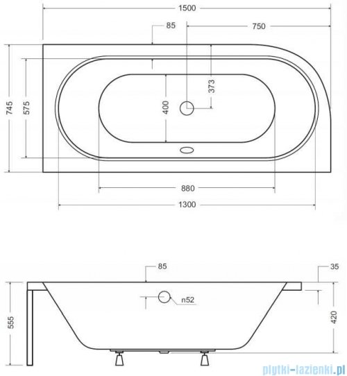 Besco Avita 150x75cm wanna asymetryczna prawa + obudowa + czarny syfon #WAA-150-NP/OAA-150-NS/19977