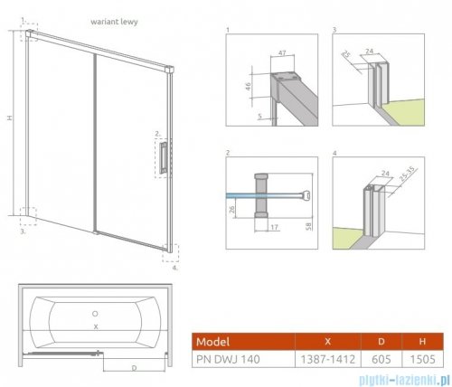 Radaway Idea Pn Dwj parawan nawannowy 140cm lewy przejrzyste