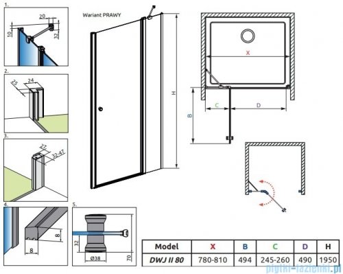 Radaway Eos DWJ II drzwi prysznicowe 80 prawe przejrzyste 13799440-01R