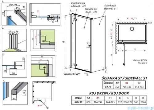 Radaway Essenza 8 Gold Kdj kabina 80x75cm lewa złoty połysk/szkło przejrzyste 10480512-01-01L/10470237-09-01L/10113075-01-01
