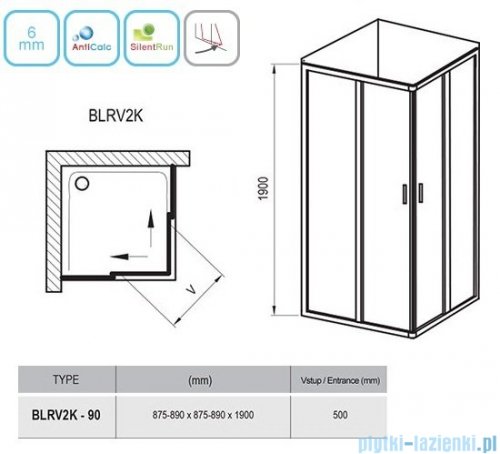Ravak Blix BLRV2K drzwi prysznicowe 1/2 90cm aluminium transparent Anticalc 1XV70C00Z1