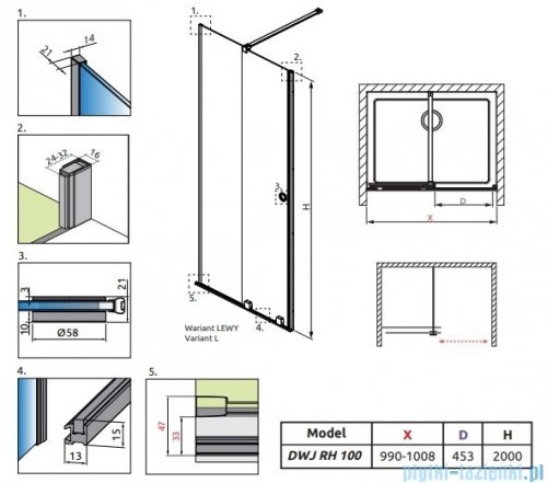 Radaway Furo Black DWJ RH drzwi prysznicowe 100cm lewe szkło przejrzyste 10107492-54-01LU/10110510-01-01