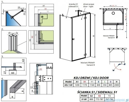 Radaway Essenza Gold Kdj+S kabina 80x120x80cm prawa złoty połysk złoty połysk szkło przejrzyste 1384051-01-01/1385024-09-01R/1384051-01-01