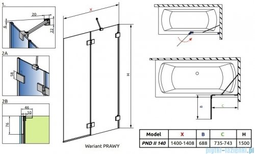 Radaway Essenza Pro Brushed Nickel Pnd II parawan nawannowy 140cm prawy szczotkowany nikiel 10102140-91-01R