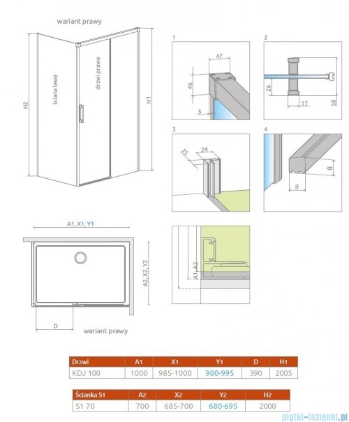 Radaway Idea Gold Kdj kabina 100x70cm prawa złoty połysk/szkło przejrzyste 387040-09-01R/387048-09-01L