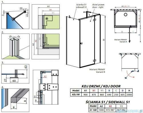 Radaway Essenza Brushed GunMetal Kdj+S kabina 100x90x100cm prawa szczotkowany grafit 1384052-01-01/1385020-92-01R/1384052-01-01