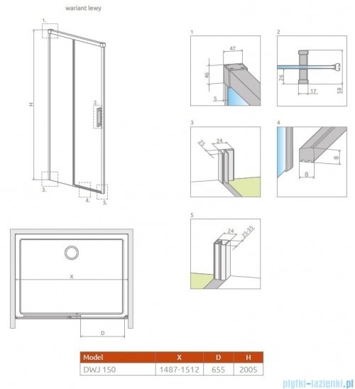 Radaway Idea DWJ Brushed Gold drzwi wnękowe 150cm lewe szczotkowane złoto 387019-99-01L złoto