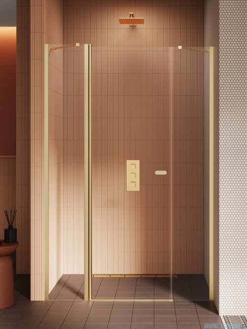 New Trendy New Soleo Gold Brushed 140x195 cm drzwi wnękowe wsporniki skośne złoto szczotkowane/szkło przejrzyste D-0965A