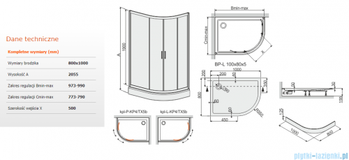 Sanplast TX kpl-L-KP4/TX5b kabina asymetryczna lewa + brodzik 80x100x206 cm przejrzysta 602-271-0290-38-401