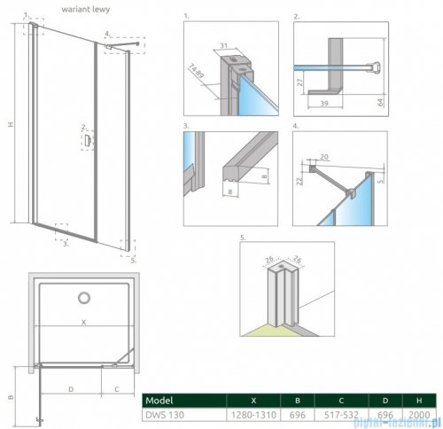 Radaway Nes Black Dws drzwi wnękowe 130cm lewe szkło przejrzyste 10028130-54-01L