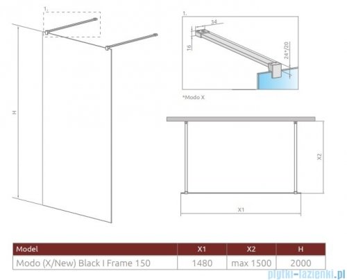 Radaway Modo X Black I Frame kabina Walk-in 150x200 szkło 10mm 388354-54-58 