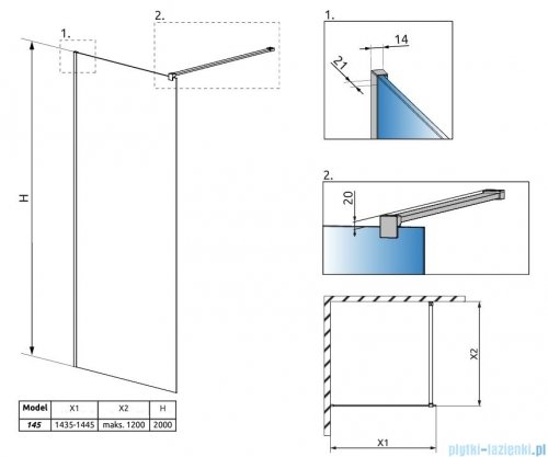 Radaway Modo New II Brushed Nickel kabina Walk-in 145x200 szczotkowany nikiel 389145-91-01
