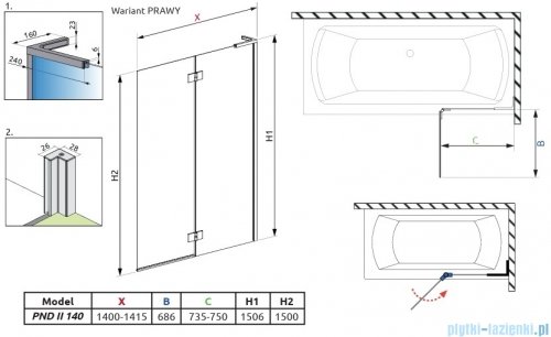 Radaway Essenza 8 SL Gold PND II parawan nawannowy 140cm prawy złoty połysk/przejrzyste 10500140-09-01R