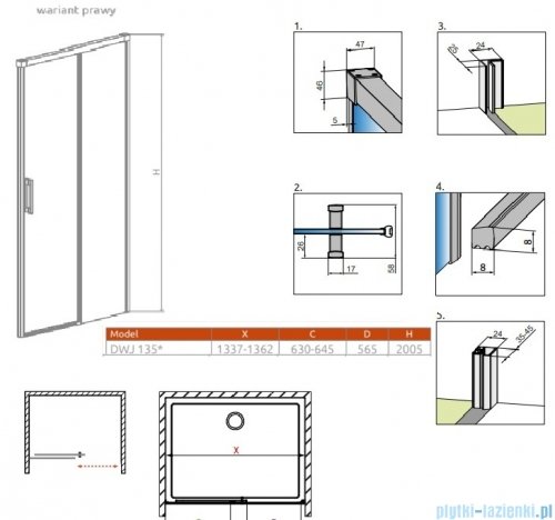 Radaway Idea 6 DWJ Brushed Light Gold drzwi wnękowe 135cm prawe szczotkowane jasne złoto 387024-98-01R