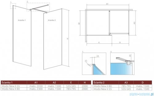 Radaway Modo New III kabina Walk-in 55x80x200 szkło przejrzyste 389055-01-01/389084-01-01/389000-01