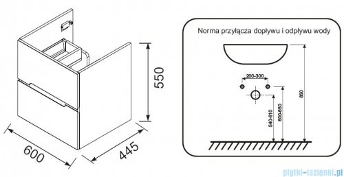 rysunek techniczny Oristo Silver szafka podumywalkowa wisząca 60x55x44cm biały połysk OR33-SD2S-60-1