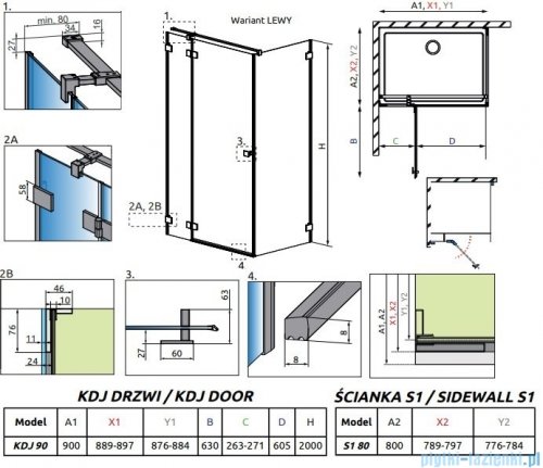 Radaway Essenza Pro Gold Kdj kabina 90x80cm lewa złoty połysk/szkło przejrzyste 10097090-09-01L/10098080-01-01