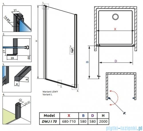 Radaway Nes 8 Black Dwj I Frame Drzwi wnękowe 70cm lewe czarny mat/szkło przejrzyste 10076070-54-56L