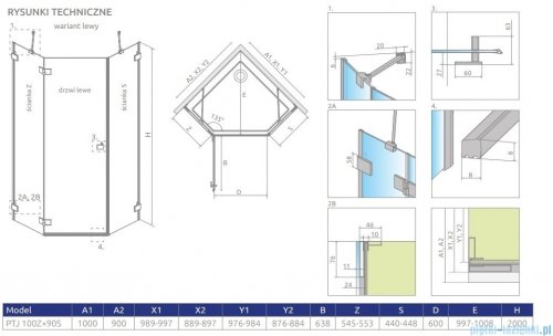 Radaway Essenza Pro Brushed Nickel Ptj kabina pięciokątna 100x90 lewa szczotkowany nikiel 10100000-91-01L/10100900-01-01
