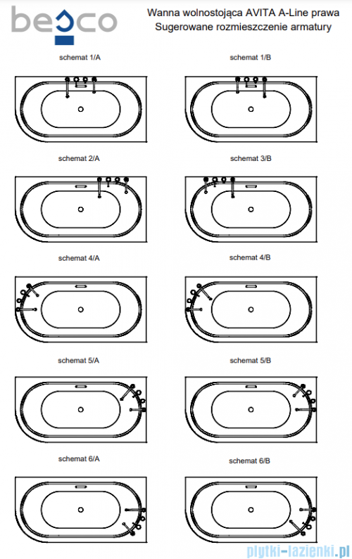 Besco Avita A-line 170x75cm wanna wolnostojąca przyścienna prawa akrylowa + syfon klik-klak biały z przelewem slim #WAA-170APBS