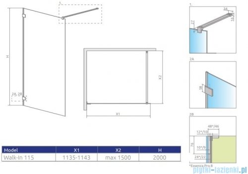 Radaway Essenza Pro 8 Gold 115x200 kabina Walk-in złoty połysk/szkło przejrzyste 1012115-09-01