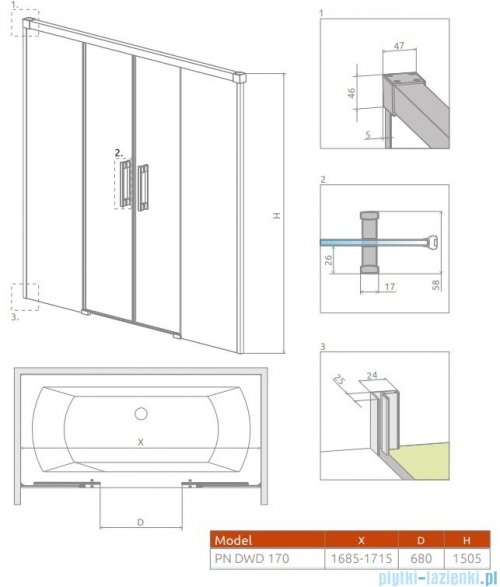 Radaway Idea Black Pn Dwd parawan nawannowy 170cm przejrzyste rysunek techniczny