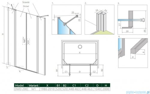 Radaway Nes DWD II drzwi wnękowe 200cm W1 szkło przejrzyste rysunek techniczny